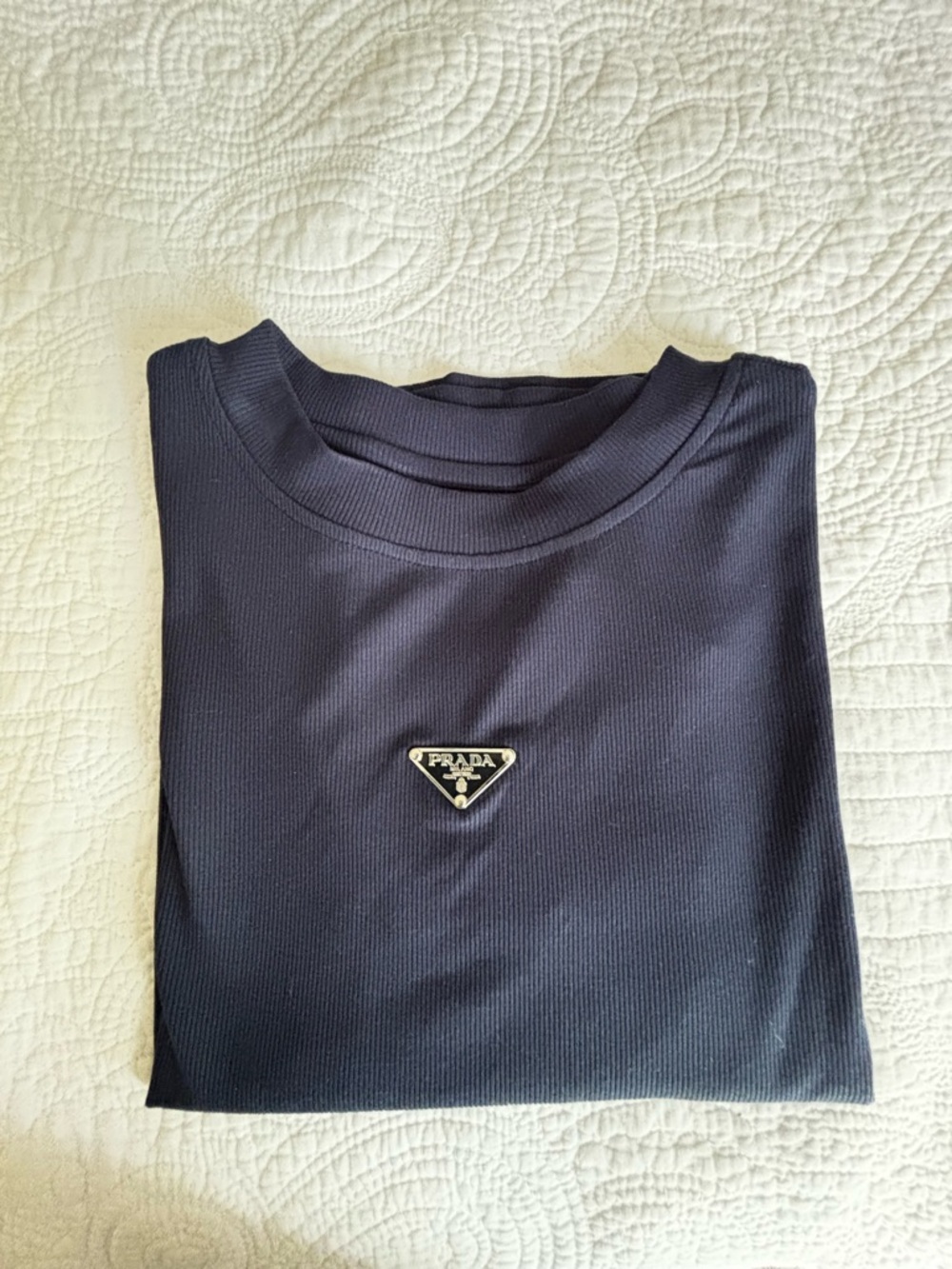Prada Navy Cotton Tee with Triangle Logo one size
